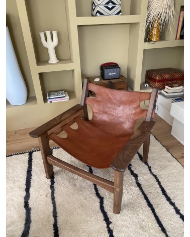 Fauteuil en bois et cuir, fauteuil en cuir, fauteuil en bois artisanal