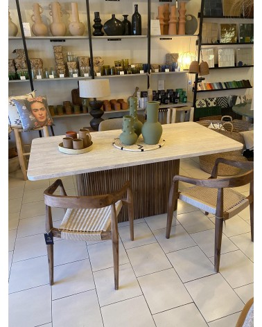 table en travertin, table à diner, table en travertin et bois,