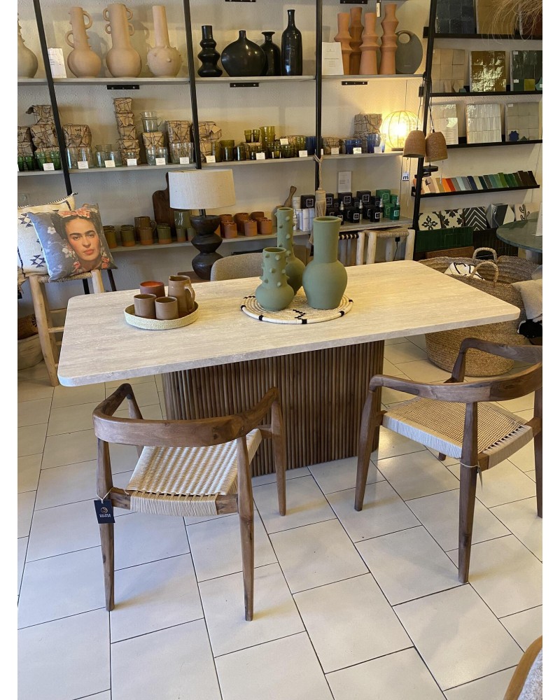 table en travertin, table à diner, table en travertin et bois,